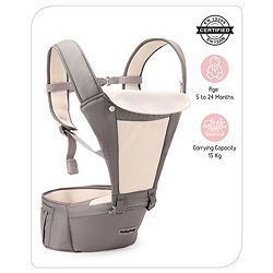 Babyhug Imperial 5-in-1 Baby Carrier with Hip Seat: Front, back & hip carrying positions, Adjustable head support, Padded straps, Breathable fabric, Pressure-relieving waist belt, Side storage pockets, Supports up to 15kg- Grey