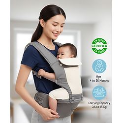 Babyhug Imperial 5-in-1 Baby Carrier with Hip Seat: Front, back & hip carrying positions, Adjustable head support, Padded straps, Breathable fabric, Pressure-relieving waist belt, Side storage pockets, Supports up to 15kg- Grey