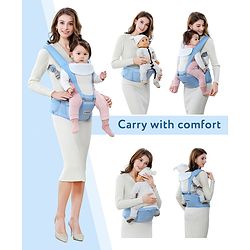 Babyhug Imperial 5-in-1 Baby Carrier with Hip Seat: Front, back & hip carrying positions, Adjustable head support, Padded straps, Breathable fabric, Pressure-relieving waist belt, Side storage pockets, Supports up to 15kg- Grey