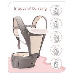 Babyhug Imperial 5-in-1 Baby Carrier with Hip Seat: Front, back & hip carrying positions, Adjustable head support, Padded straps, Breathable fabric, Pressure-relieving waist belt, Side storage pockets, Supports up to 15kg- Grey