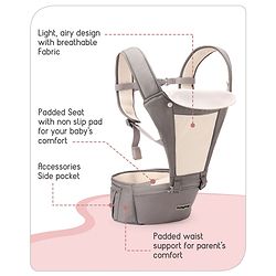 Babyhug Imperial 5-in-1 Baby Carrier with Hip Seat: Front, back & hip carrying positions, Adjustable head support, Padded straps, Breathable fabric, Pressure-relieving waist belt, Side storage pockets, Supports up to 15kg- Grey