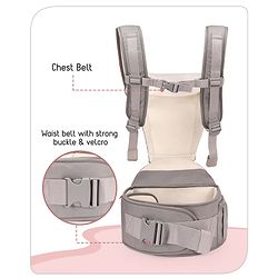 Babyhug Imperial 5-in-1 Baby Carrier with Hip Seat: Front, back & hip carrying positions, Adjustable head support, Padded straps, Breathable fabric, Pressure-relieving waist belt, Side storage pockets, Supports up to 15kg- Grey