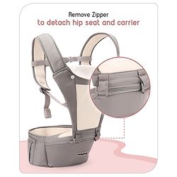 Babyhug Imperial 5-in-1 Baby Carrier with Hip Seat: Front, back & hip carrying positions, Adjustable head support, Padded straps, Breathable fabric, Pressure-relieving waist belt, Side storage pockets, Supports up to 15kg- Grey