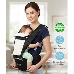 Babyhug Imperial 5-in-1 Baby Carrier with Hip Seat: Front, back & hip carrying positions, Adjustable head support, Padded straps, Breathable fabric, Pressure-relieving waist belt, Side storage pockets, Supports up to 15kg- Grey