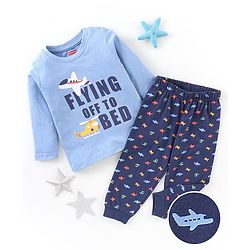 Babyhug Cotton Knit Full Sleeves Night Suit Plane Print - Blue