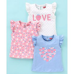 Babyhug 100% Cotton Frill Sleeves Tee With Floral & Strawberry Graphics Pack of 3- Blue & Pink