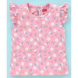 Babyhug 100% Cotton Frill Sleeves Tee With Floral & Strawberry Graphics Pack of 3- Blue & Pink