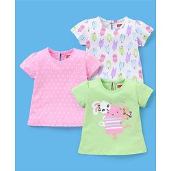 Babyhug 100% Cotton Half Sleeves Tee Ice Cream Print Pack Of 3 - White Green & Pink