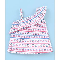 Babyhug Cotton Knit Sleeveless Asymmetrical Top with Frill Detailing & Cherry Print - White