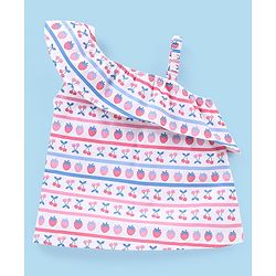 Babyhug Cotton Knit Sleeveless Asymmetrical Top with Frill Detailing & Cherry Print - White
