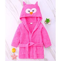 Babyhug Woven Terry Full Sleeves Hooded Bath Robe Owl Design - Pink