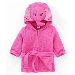 Babyhug Knit Terry Full Sleeves Hooded Bath Robe Elephant Patch - Pink