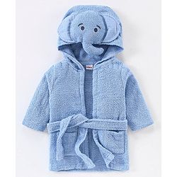 Babyhug Woven Terry Full Sleeves Hooded Bath Robe Elephant Embroidered - Blue