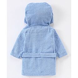 Babyhug Woven Terry Full Sleeves Hooded Bath Robe Elephant Embroidered - Blue