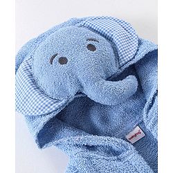 Babyhug Woven Terry Full Sleeves Hooded Bath Robe Elephant Embroidered - Blue