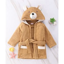 Babyhug Full Sleeves Hooded Bear Bath Robe With 3D Ears - Brown