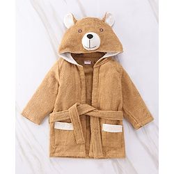 Babyhug Full Sleeves Hooded Bear Bath Robe With 3D Ears - Brown