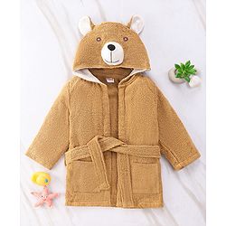 Babyhug Full Sleeves Hooded Bear Bath Robe With 3D Ears - Brown
