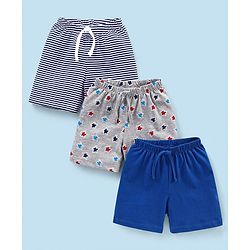 Babyhug Cotton Mid Thigh Length Shorts Striped & Stars Printed Pack of 3 - Grey & Blue