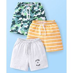 Babyhug Cotton Mid Thigh Length Shorts Stripes & Camo Print Pack of 3- White Orange & Green