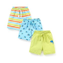 Babyhug Cotton Mid Thigh Length Shorts Stripes & Dolphin Print Pack of 3- Green & Blue
