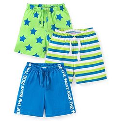 Babyhug Cotton Mid Thigh Length Shorts Stars & Stripes Print Pack of 3- Green & Blue