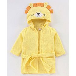 Babyhug Knit Terry Full Sleeves Hooded Bath Robe Lion Embroidered - Yellow