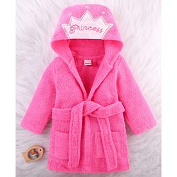 Babyhug Woven Terry Full Sleeves Hooded Bath Robe Princess Patch - Pink