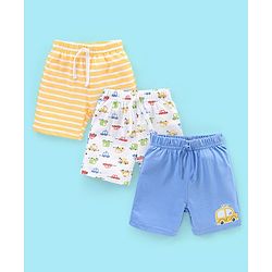 Babyhug Cotton Shorts Striped & Taxi Printed Pack of 3 - Yellow White & Blue