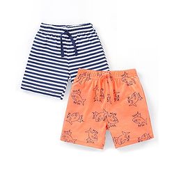 Babyhug Cotton Knit Mid Thigh Shorts Striped & Shark Print Pack of 2 - Navy Blue & Orange