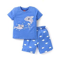 Babyhug Cotton Half Sleeves Night Suit Shark Print - Blue