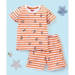 Babyhug Cotton Knit Half Sleeves Striped Night Suit Numbers Print - White & Orange