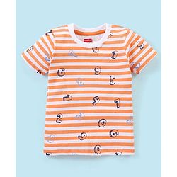 Babyhug Cotton Knit Half Sleeves Striped Night Suit Numbers Print - White & Orange