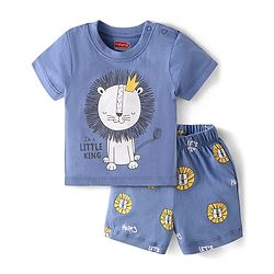 Babyhug Cotton Knit Half Sleeves Lion Printed Night Suit - Blue
