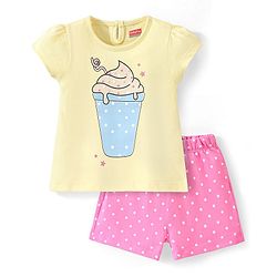 Babyhug Cotton Knit Half Sleeves Night Suit With Ice Cream Print - Yellow & Pink
