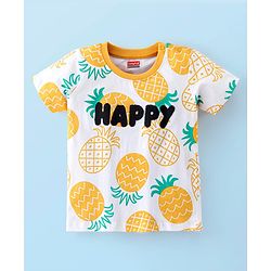 Babyhug Cotton Half Sleeves T-Shirt With Pineapple Print & Happy Embellished - Yellow & White