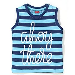 Babyhug Cotton Sleeveless Striped T-Shirt With Text Print- Blue