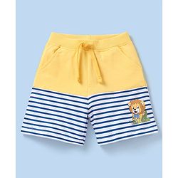 Babyhug Cotton Knit Mid Thigh Length Shorts Striped & Lion  Print - Yellow & Blue