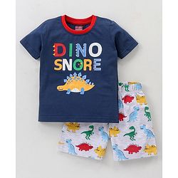 Babyhug Cotton Knit Half Sleeves Night Suit Dino Print - Navy & Ecru