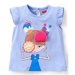 Babyhug 100% Cotton Knit Frill Sleeves Top with Donut Applique Girl Print - Blue