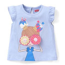 Babyhug 100% Cotton Knit Frill Sleeves Top with Donut Applique Girl Print - Blue