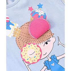 Babyhug 100% Cotton Knit Frill Sleeves Top with Donut Applique Girl Print - Blue