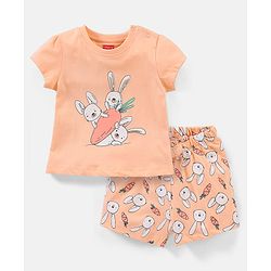 Babyhug Cotton Half Sleeves Night Suit Bunny Print- Peach