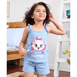 Babyhug Cotton Knit Sleeveless Night Suit Kitty Print - Blue