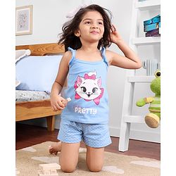 Babyhug Cotton Knit Sleeveless Night Suit Kitty Print - Blue