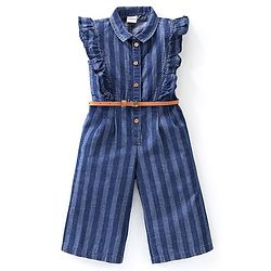 Babyhug Denim Sleeveless Jumpsuit Striped Print With Belt - Blue