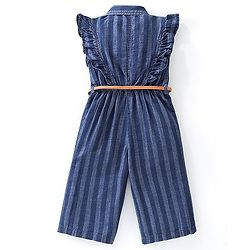 Babyhug Denim Sleeveless Jumpsuit Striped Print With Belt - Blue