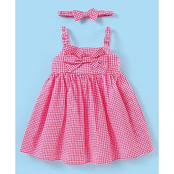 Babyhug 100% Cotton Woven Singlet Sleeves Checks Frock with Bow Applique & Headband - Pink