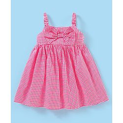 Babyhug 100% Cotton Woven Singlet Sleeves Checks Frock with Bow Applique & Headband - Pink