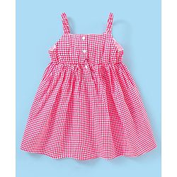 Babyhug 100% Cotton Woven Singlet Sleeves Checks Frock with Bow Applique & Headband - Pink